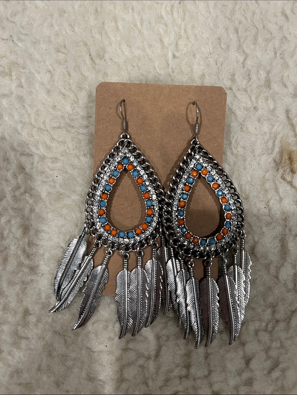 Silver Teardrop Feather Earrings with Orange & Turquoise Accents